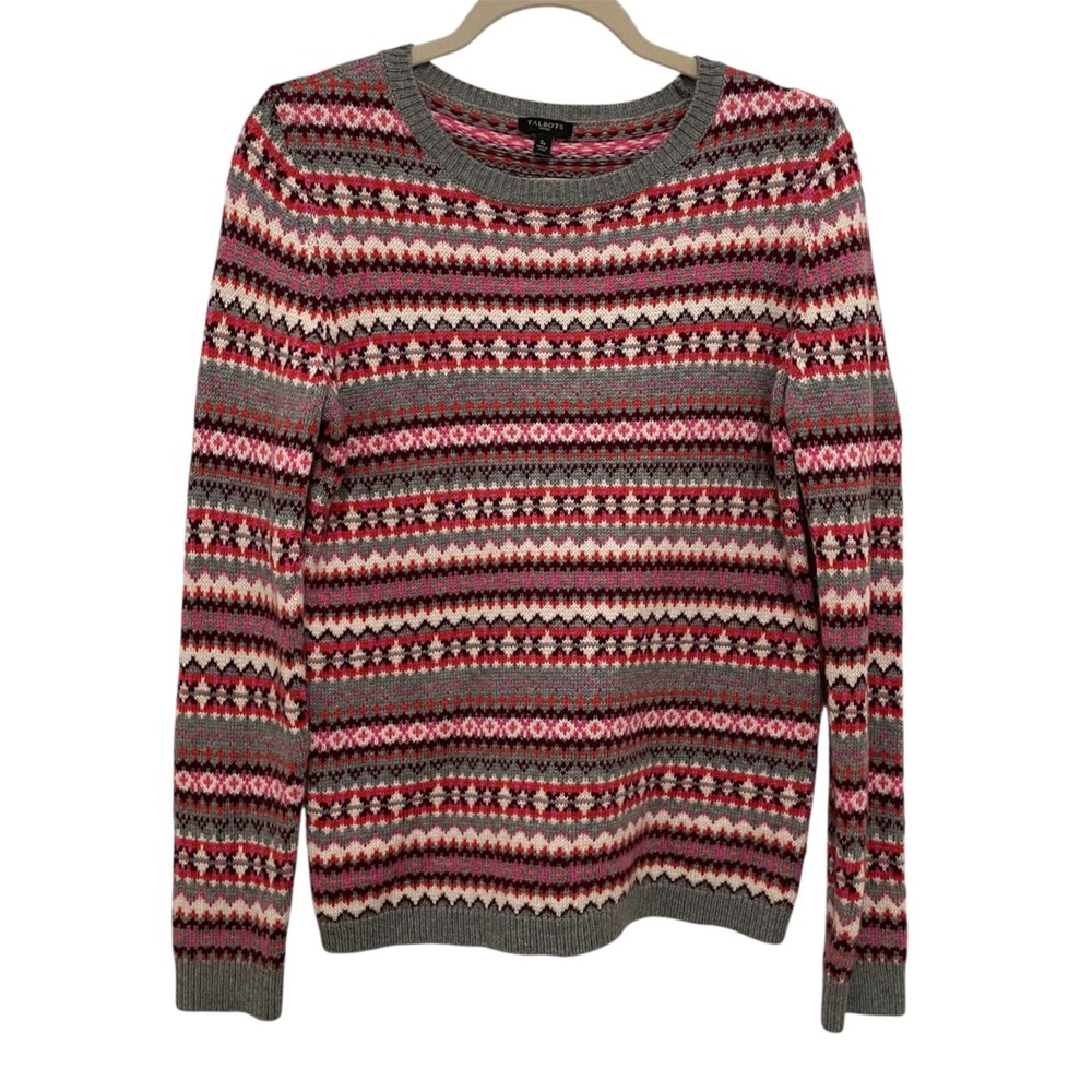 Talbots Sweater Womens SP Grey Pink Fair‎ Isle Lambswool Blend Crew Neck Petite